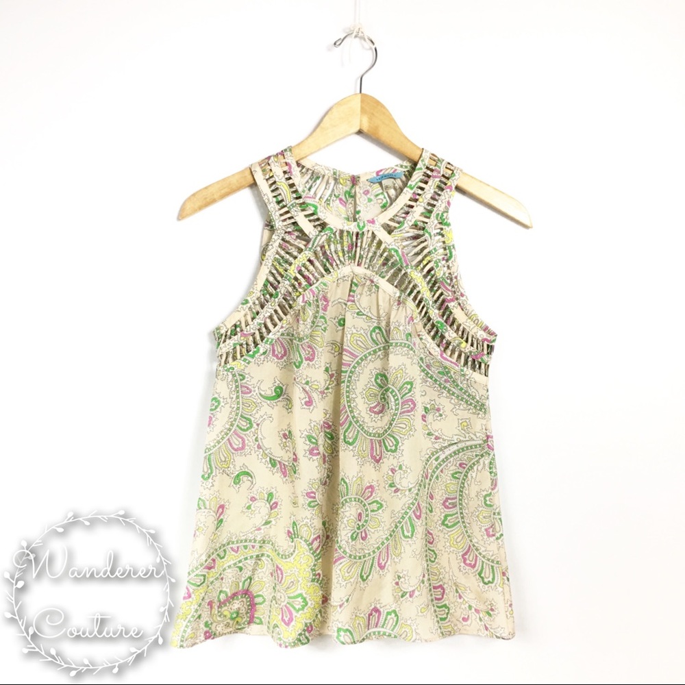 Anthropology Idella Lattice Silk Paisley Top